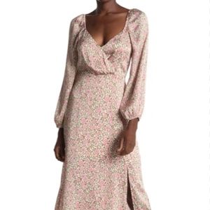 ALL IN FAVOR Floral Surplice Slit Midi Dress In Pink Vine Floral Size Small NWT